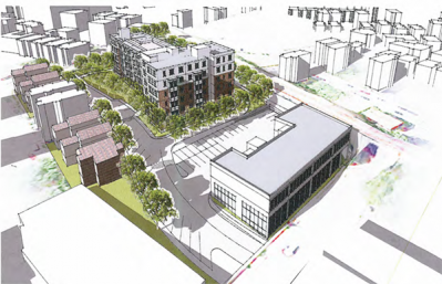 Dorchester Bay proposal: A rendering shows plans to redevelop the 65 East Cottage Street parcels.